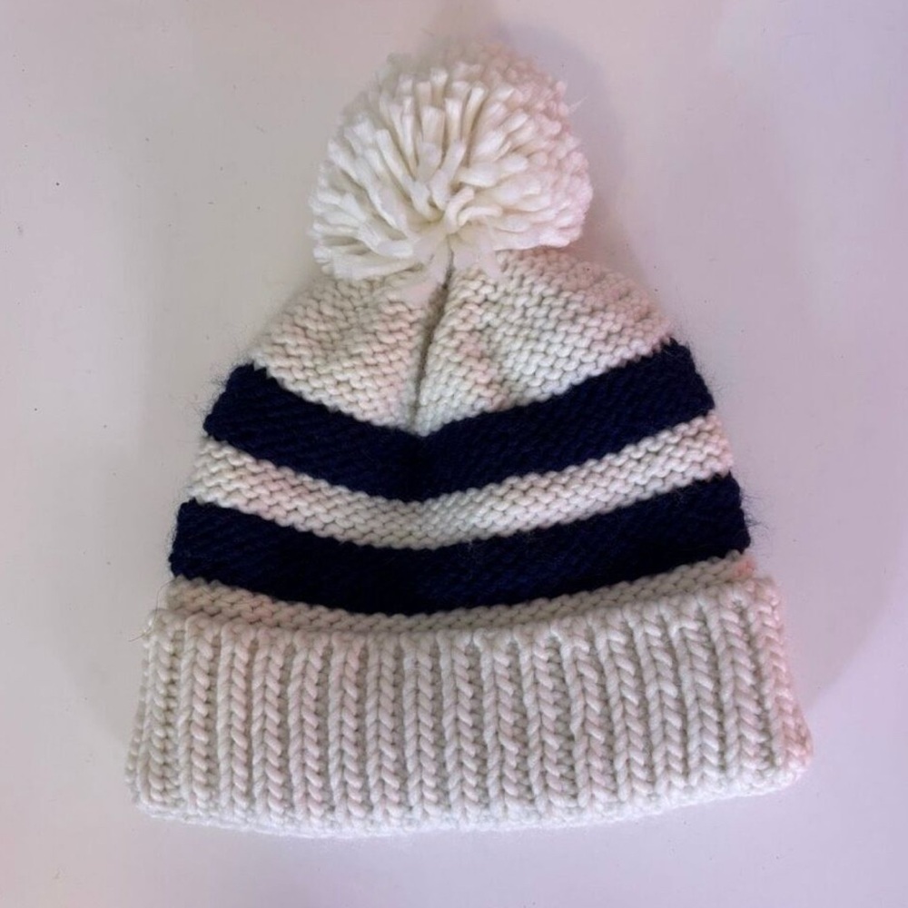 Sleeping On Snow Anthropologie White with Navy Blue Striped Knit Winter Hat